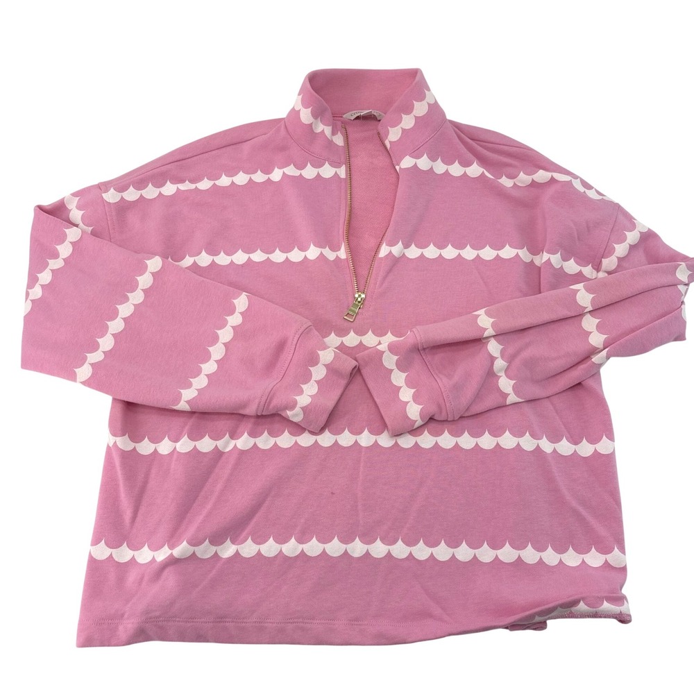 Crown & Ivy Pink Scalloped Stripe Quarter Zip Pullover Sweatshirt Large